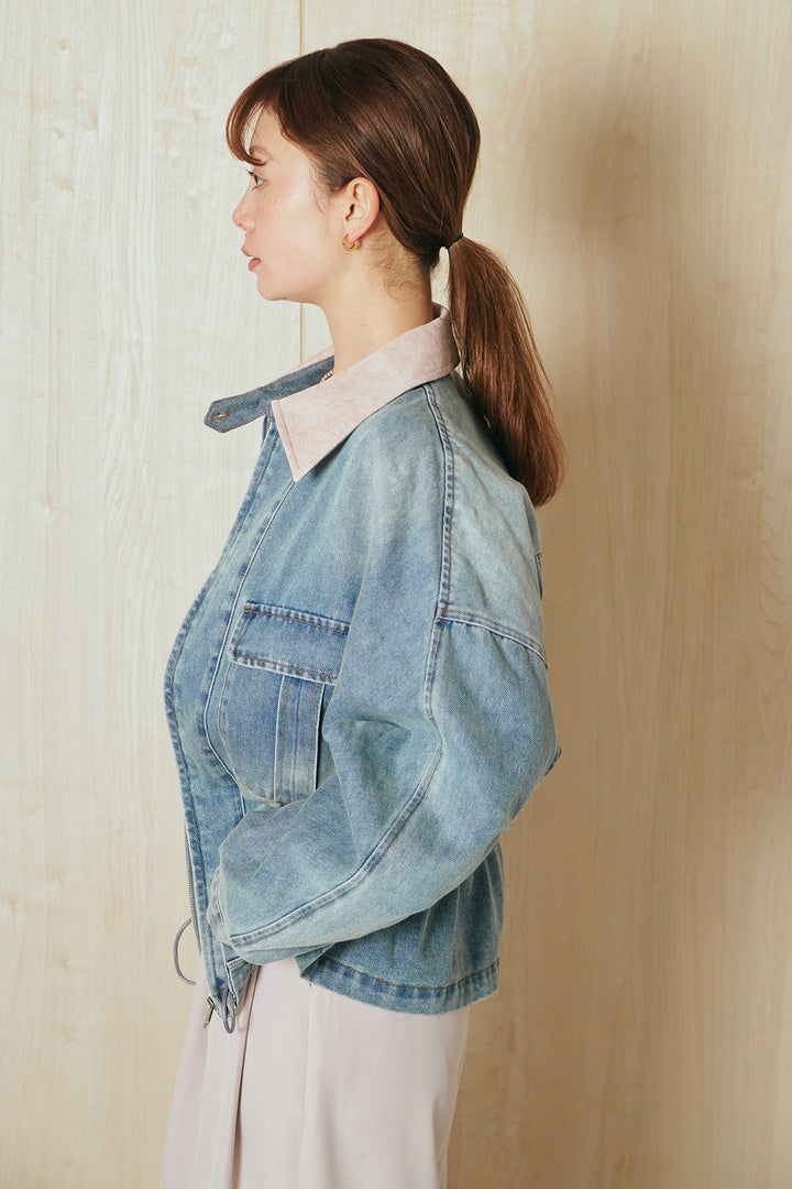 [SET]襟付き配色デニムブルゾン+ビックベルトループタックベルト付きワイドパンツ(2set)