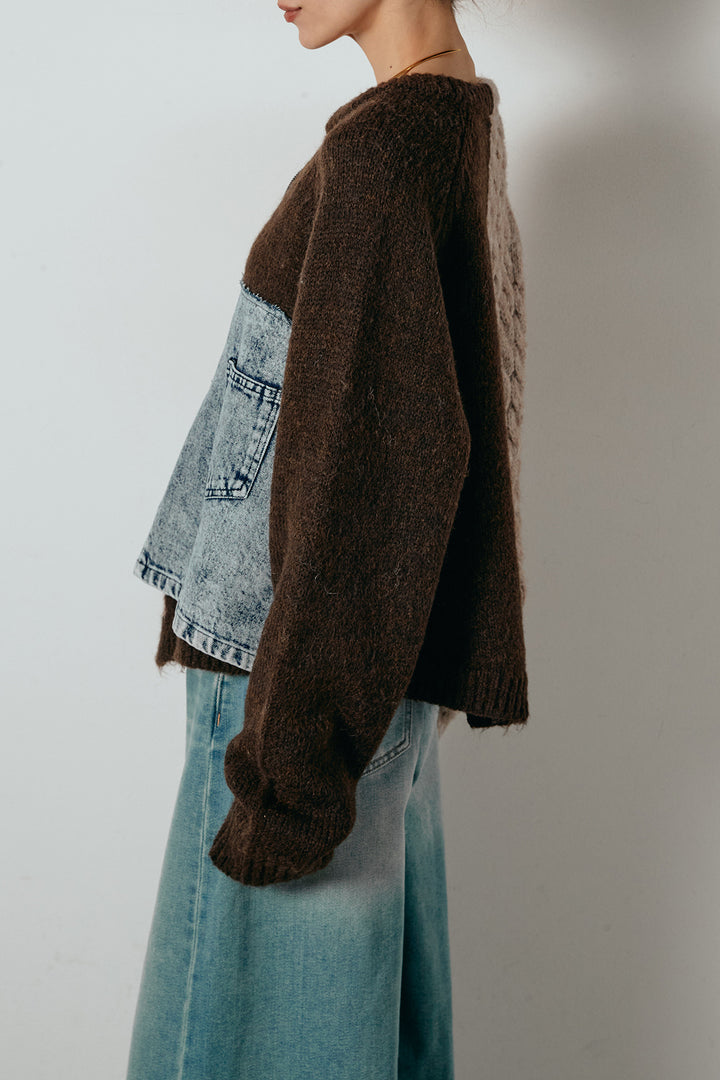 [SET]ハーフジップニットデニムドッキングトップス+裏起毛スウェットワイドパンツ(2set)