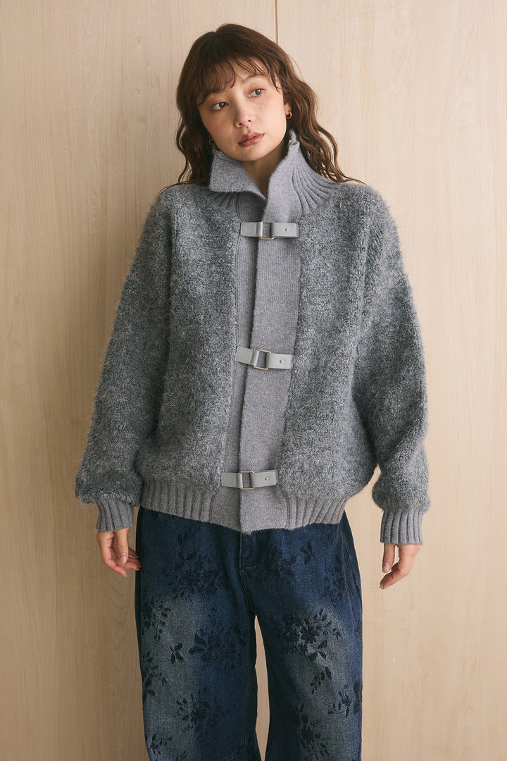 [SET]ブークレーハイネックニットジャケット+ポーチベルト付きカーブパンツ(2set)
