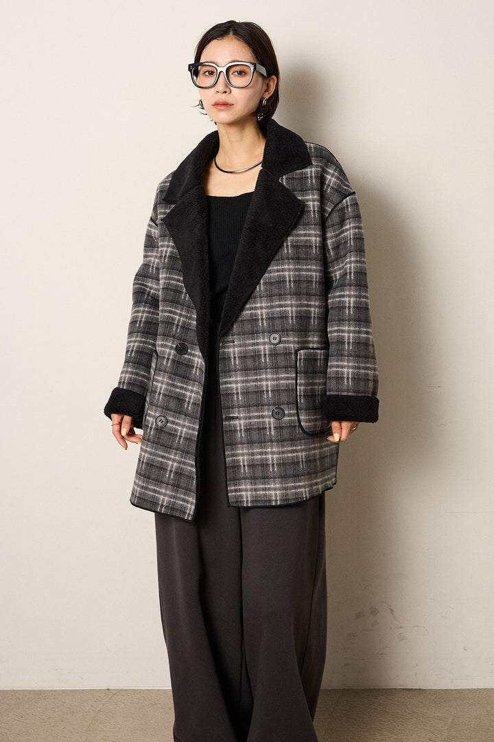 [SET]裏地ボアタータンチェック柄ミディアムコート+裏起毛スウェットワイドパンツ(2set)