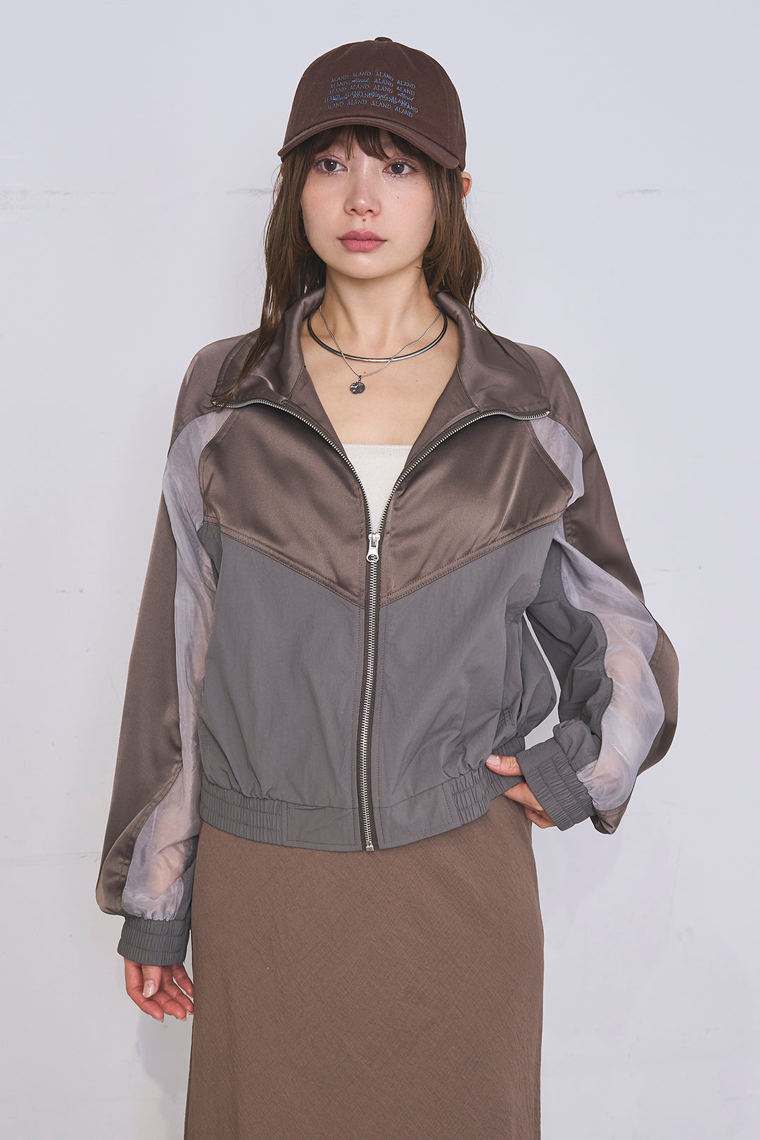 [SET]異素材切替ZIPブルゾン+サイドラインギャザースカート(2set)