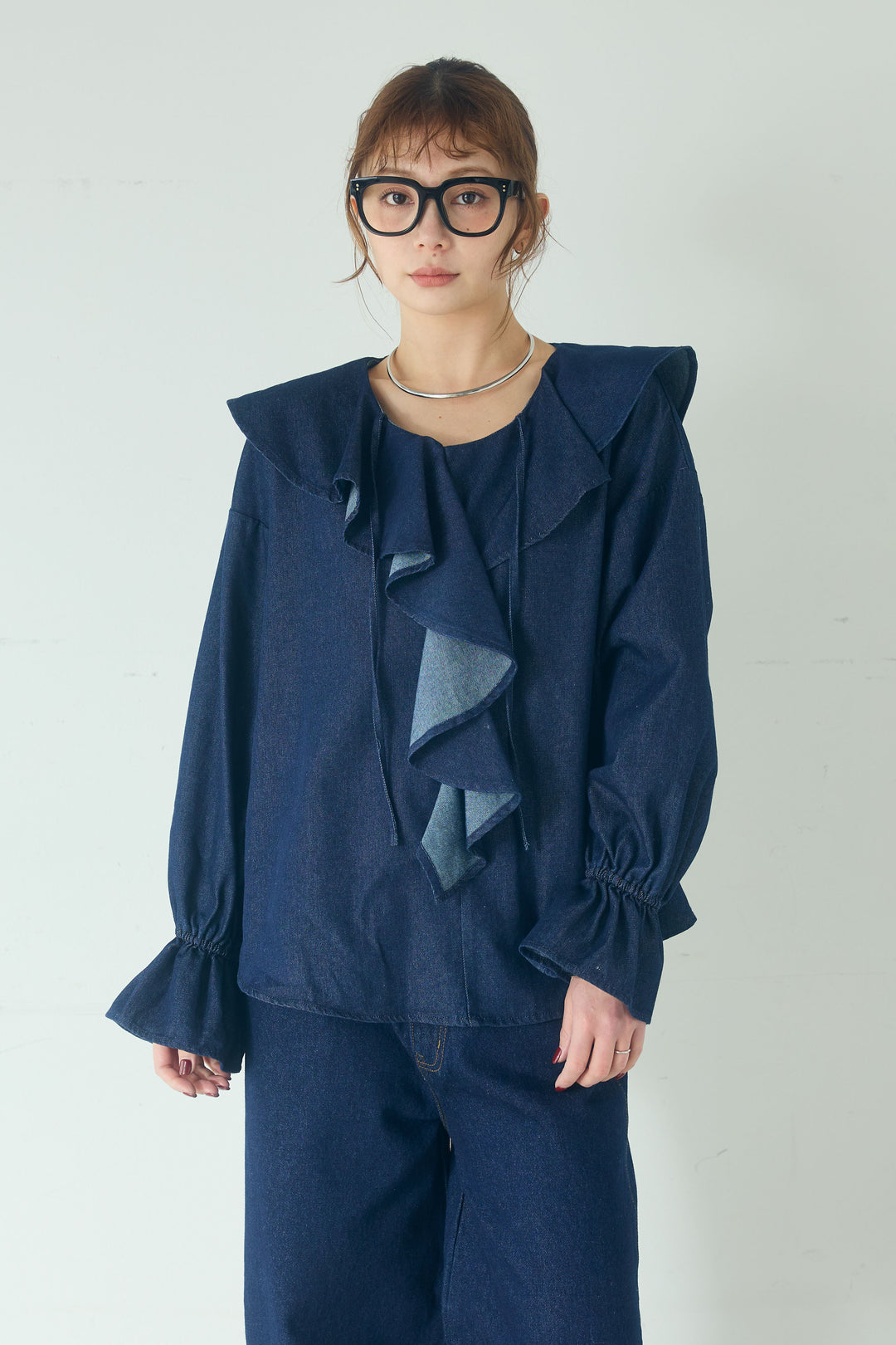 [SET]デニムフリルブラウス+デニムサロペットワイドパンツ(2set)