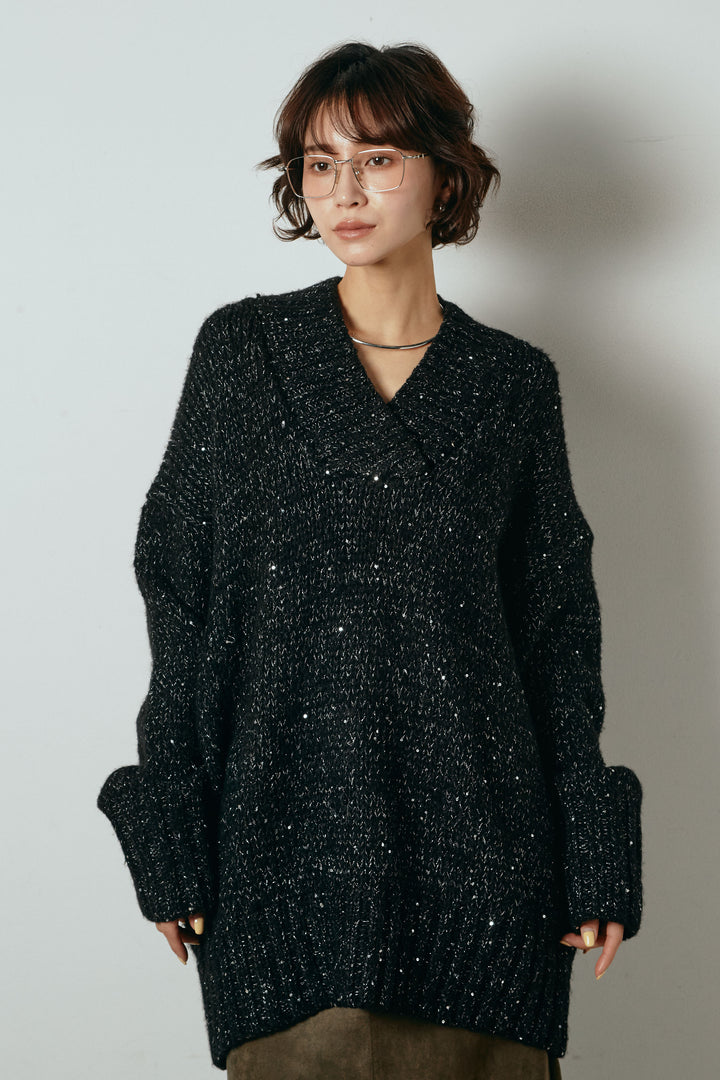 [SET]Vネックラメニットトップス+レース刺繍レイヤードフレアパンツ(2set)