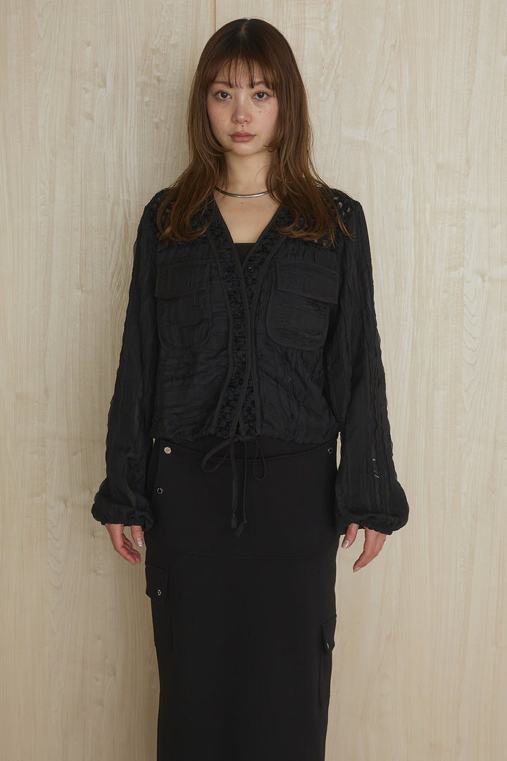 [SET]異素材切替シアーメッシュカーディガン+ドットボタン付きカットタイトスカート(2set)