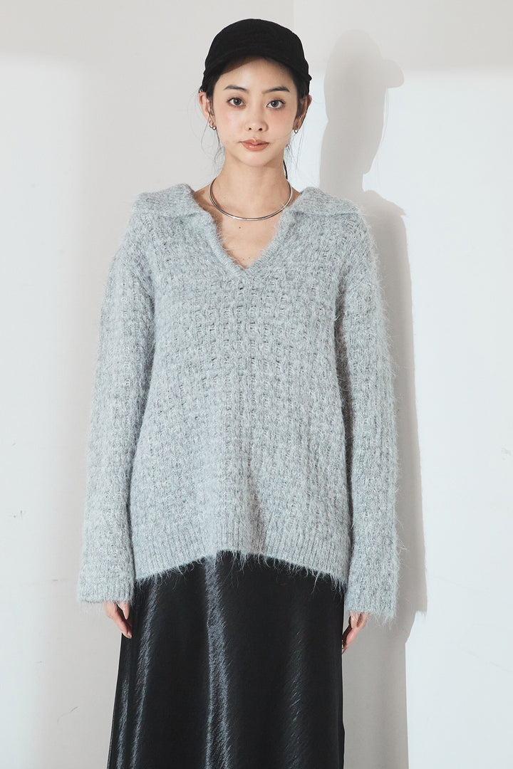 [SET]襟付きVネックニットトップス+裾レースデザインサテンスカート(2set)