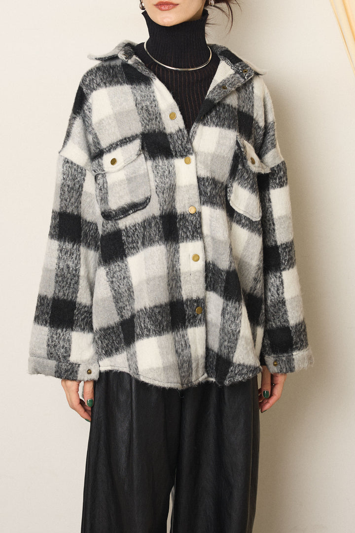 [SET]起毛チェック柄ポケットアウター+ストレッチエコレザーバミューダパンツ+リブニットシームレスタートルプルオーバー(3set)