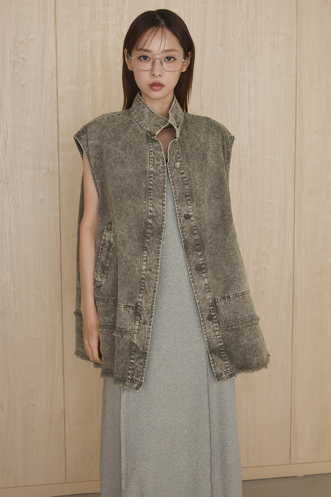 [SET]ケミカルデニムヘムカットオフジレ+ノースリロングワンピース(2set)