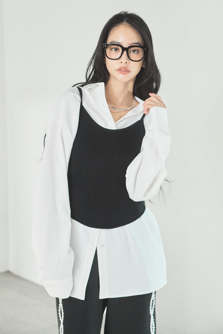 [SET]ニットキャミ付きシャツ+刺繡テープラインパンツ(2set)