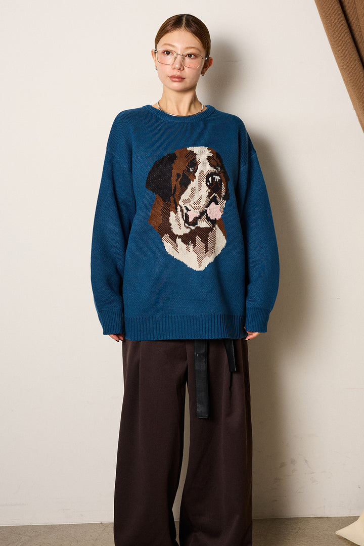 [SET]アニマルジャガード柄ニットトップス+巻ベルトウエストレザーライクワイドパンツ(2set)