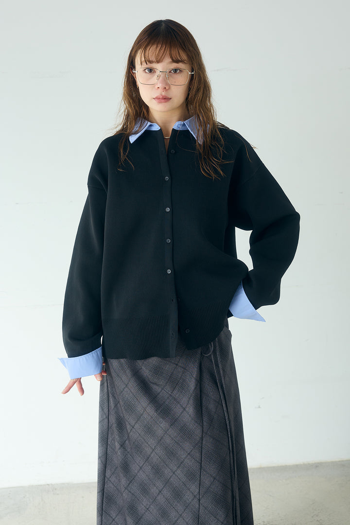 [SET]シャツレイヤード風カーディガン+レイヤードニット巻きスカート(2set)