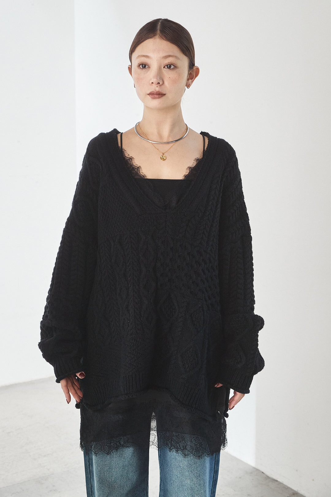 [SET]ケーブルVニットセーター+デニムサイドカットパンツ(2set)