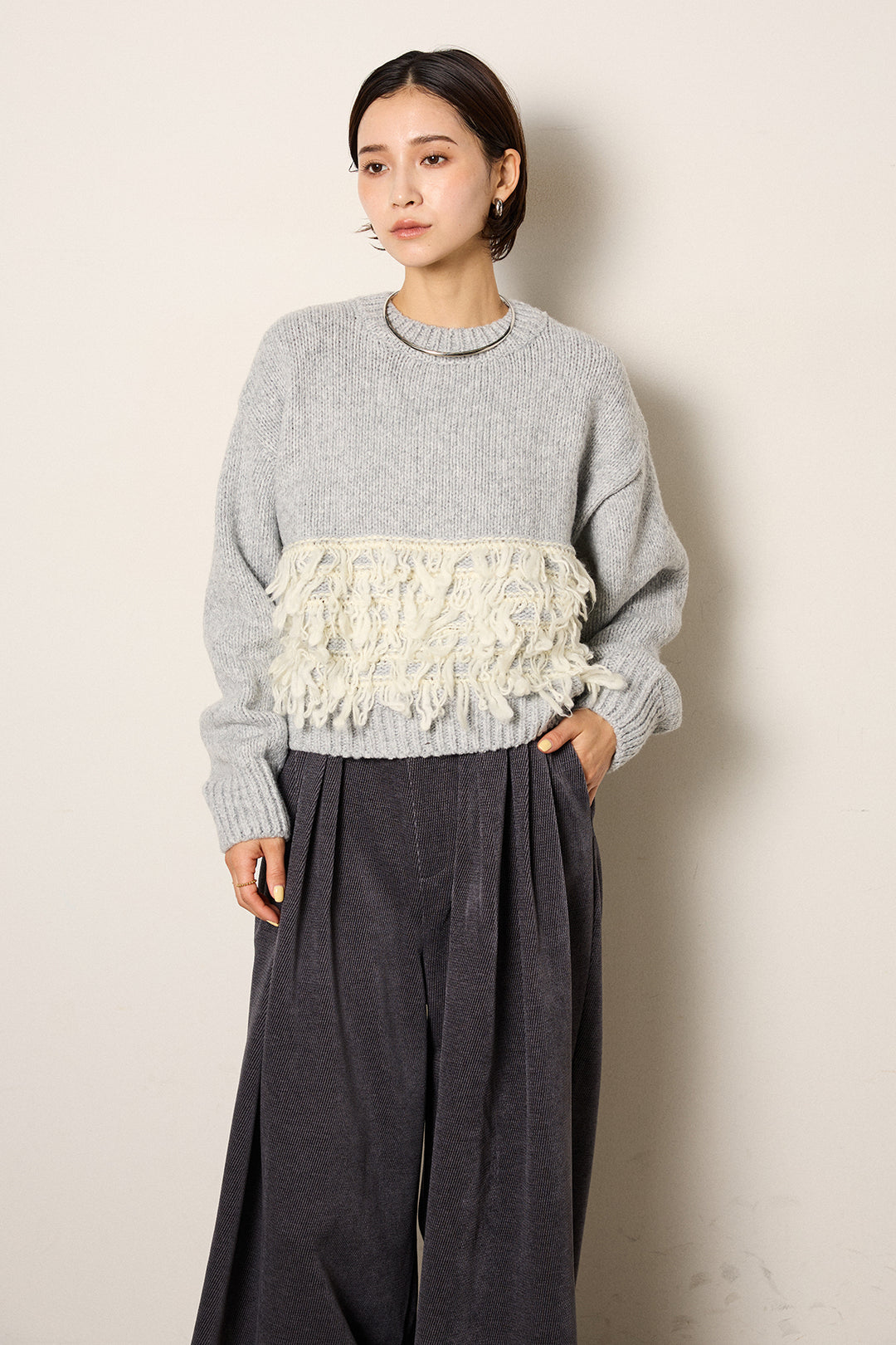 [SET]ループ編み切り替えニットプルオーバー+ベルトループコーデュロイワイドパンツ(2set)