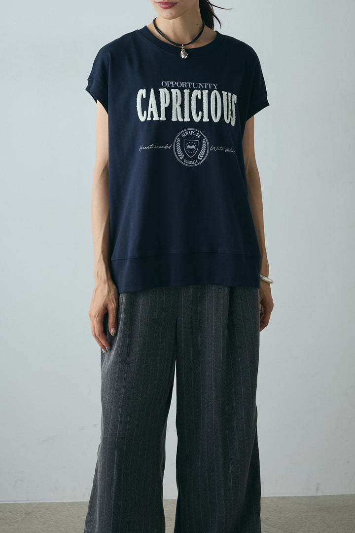 [SET]サガラ刺繍フレンチスリーブTシャツ+ピンストライプサイドラインワイドパンツ(2set)