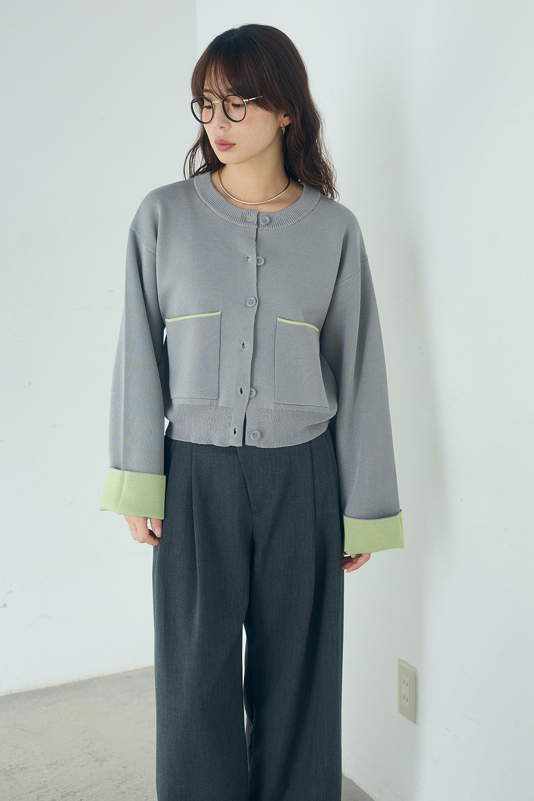 [SET]レーヨンポリダブルフェイスカーディガン+レース刺繍切替ワイドパンツ(2set)