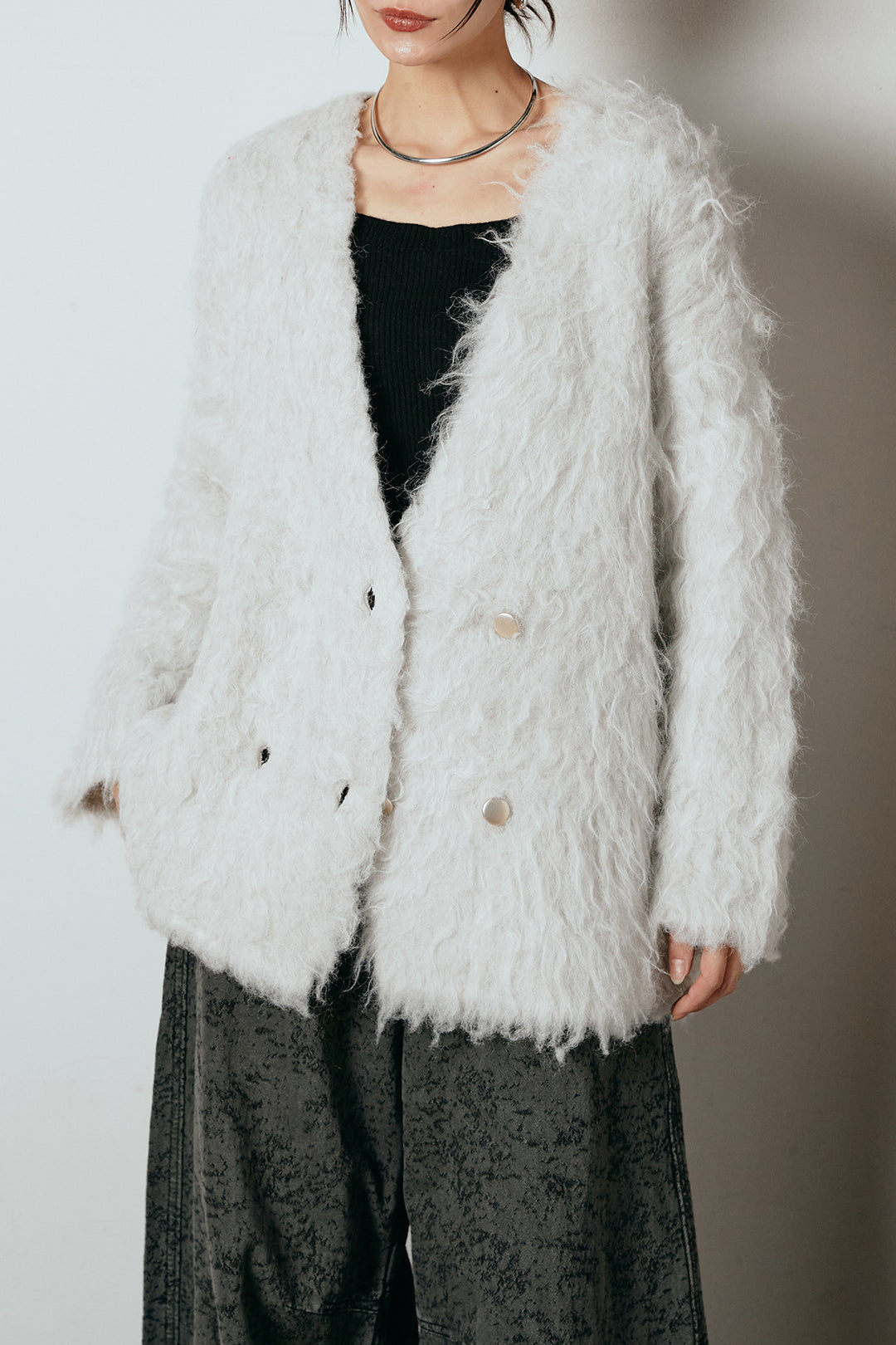 [SET]ウェーブシャギーニットジャケット+ベルト付きニュアンス柄カーブワイドパンツ(2set)