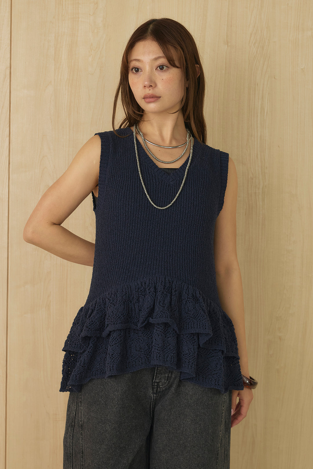 [SET]透かし編み裾フリルベスト+ジャガード柄ロングイージーパンツ(2set)