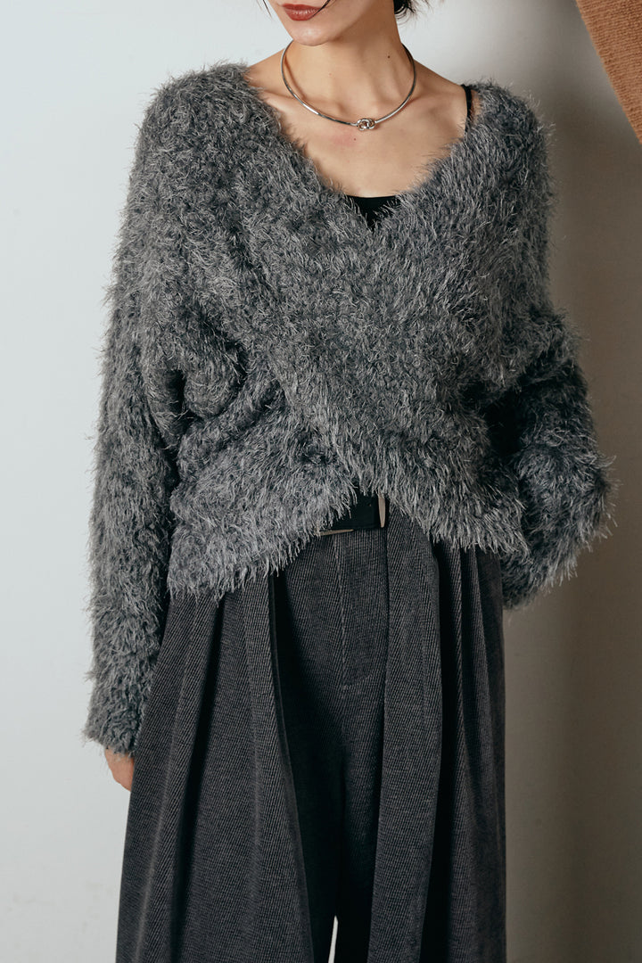 [SET]シャギークロスニットトップス+細ベルト付き起毛タックワイドパンツ(2set)