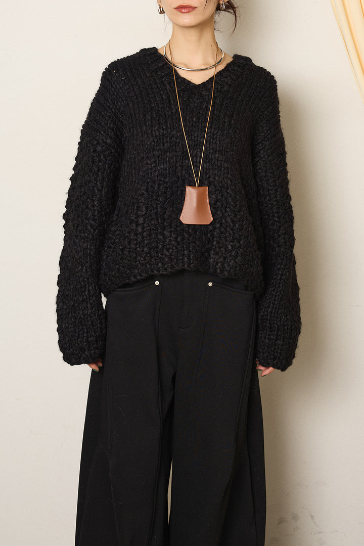 [SET]Vネックハンド編みニットトップス+ベルト付きカジュアルカーブワイドパンツ+レース切り替えキャミソール(3set)