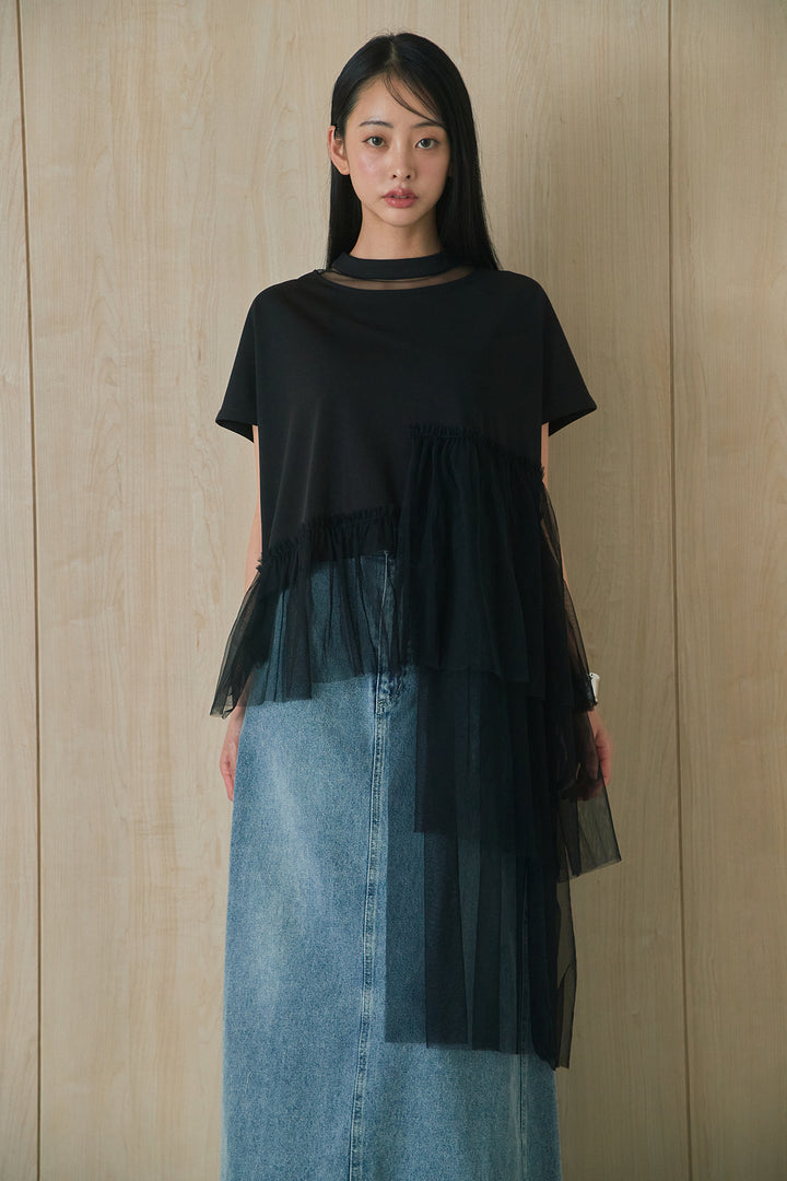 [SET]アシンメトリーチュールフリルTシャツ+デニムロングフレアスカート(2set)