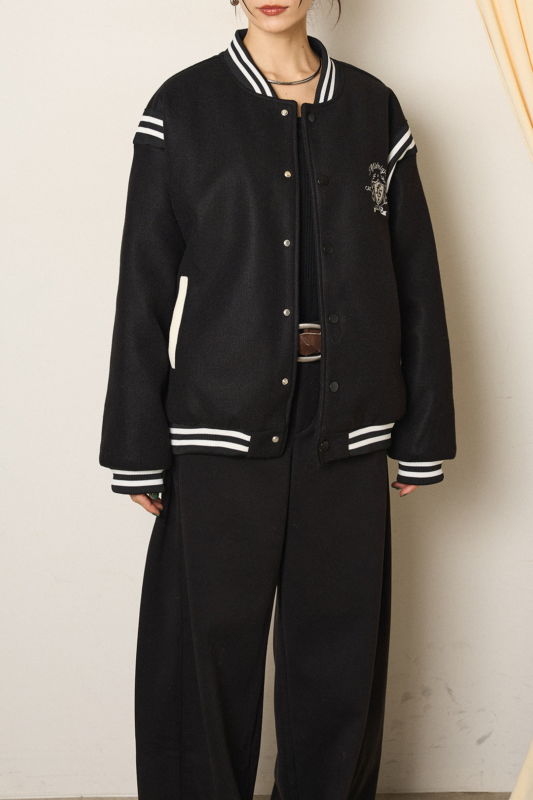 [SET]ワンポイントデザインブルゾン+編みベルト付きワイドパンツ(2set)