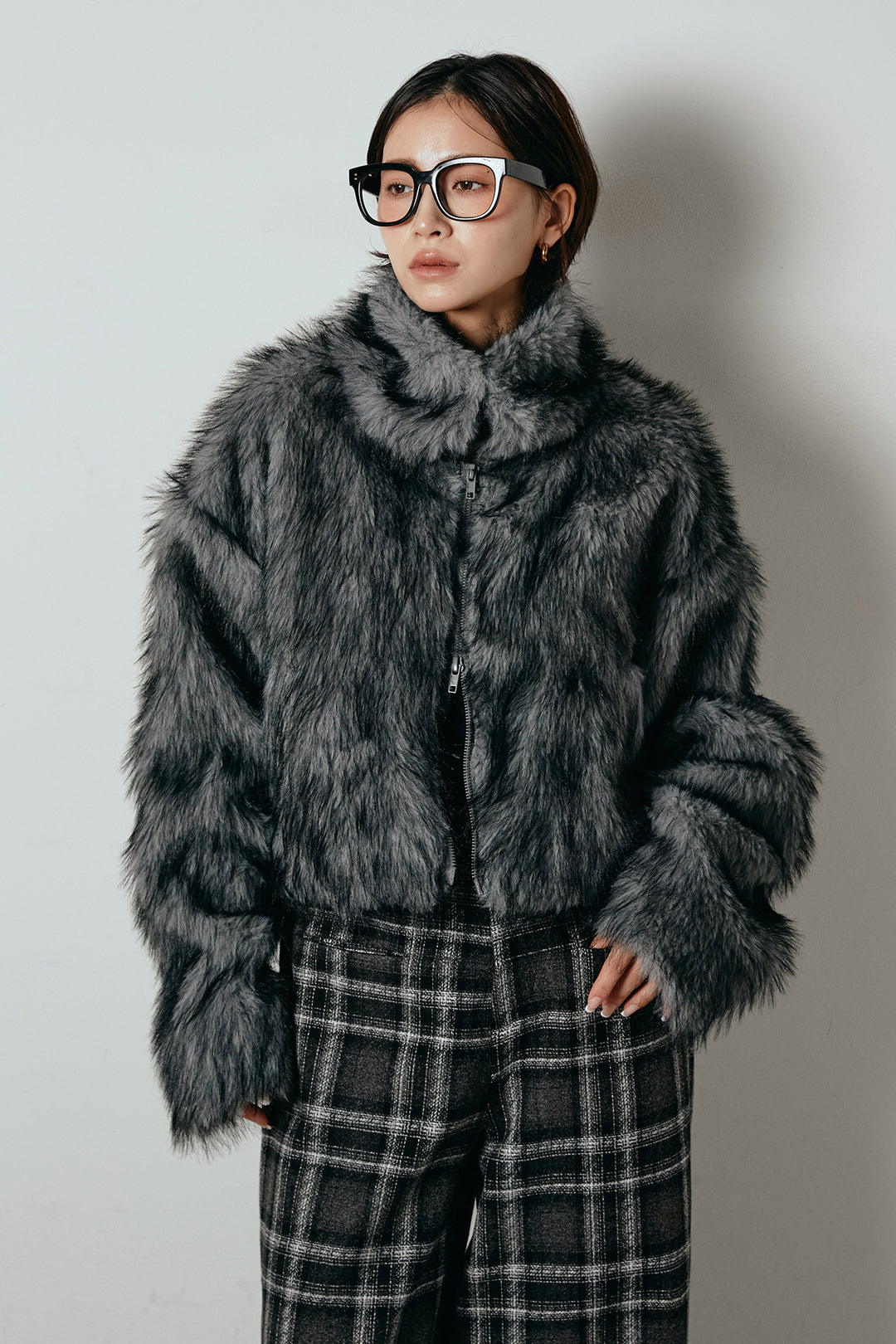 [SET]エコファーショート丈ブルゾン+ルーズタータンチェックワイドパンツ(2set)