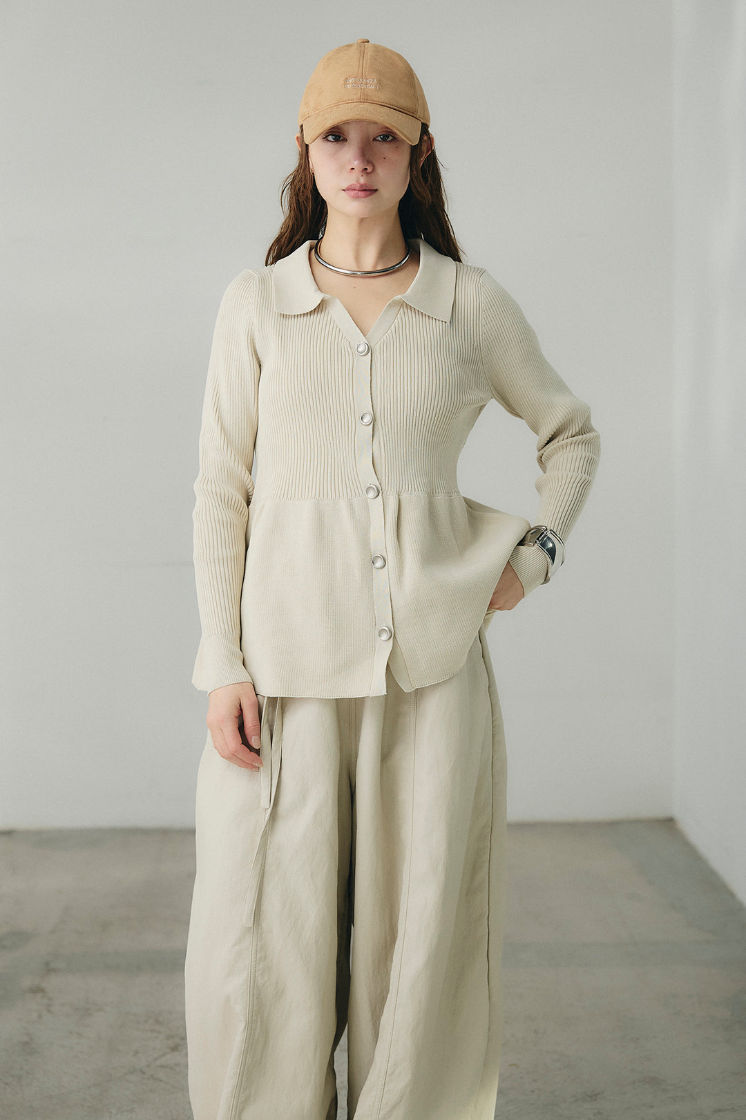 [SET]スキッパーペプラムニット+ウエスト裁ち切りデニムワイドパンツ(2set)