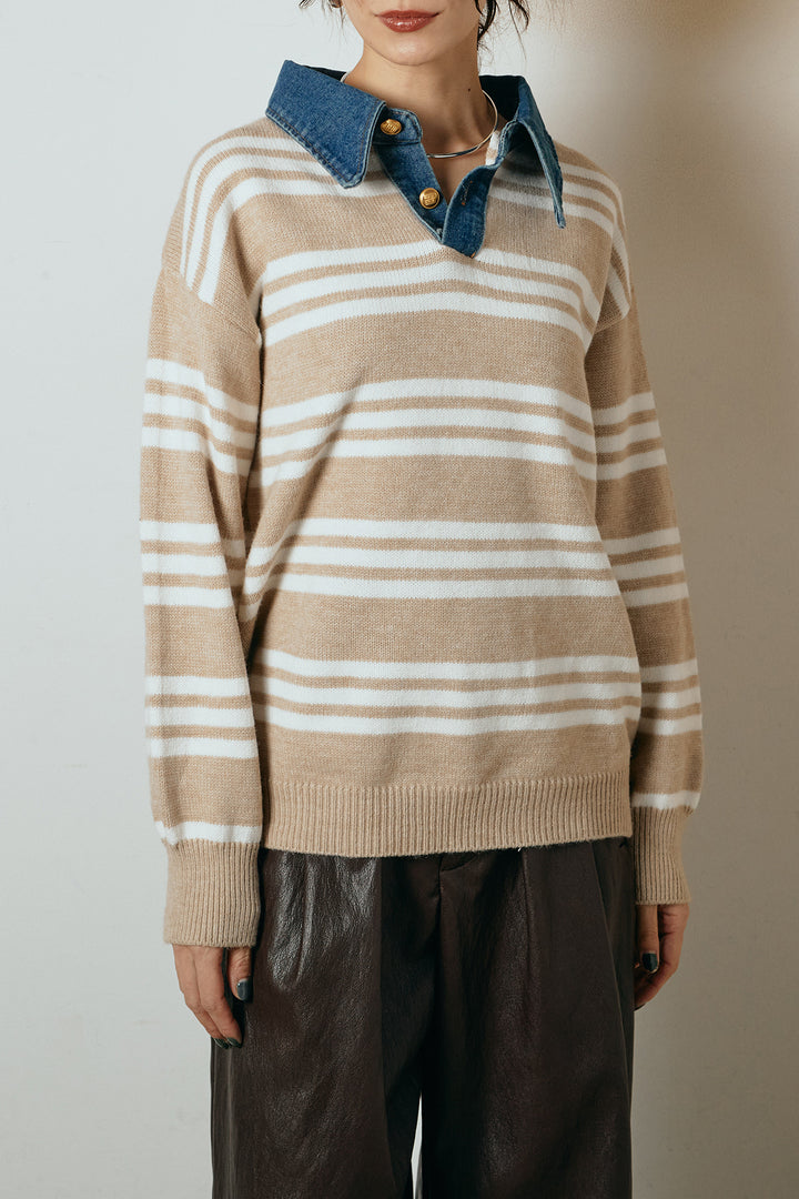 [SET]デニムレイヤード風ランダムボーダーニットプルオーバー+ベルト付きレザーライクタックパンツ(2set)