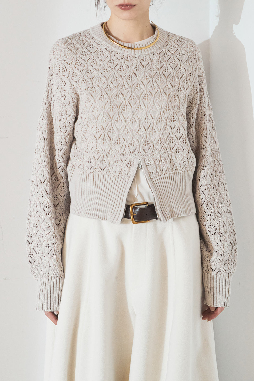 [SET]透かし編みニットジップスリットプルオーバー+タックツイードワイドパンツ(2set)