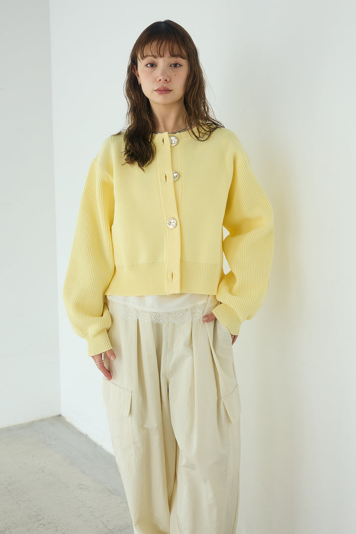 [SET]スポンディッシュBIGボタンクルーネックカーディガン+ランダムストライプタックギャザーパンツ(2set)