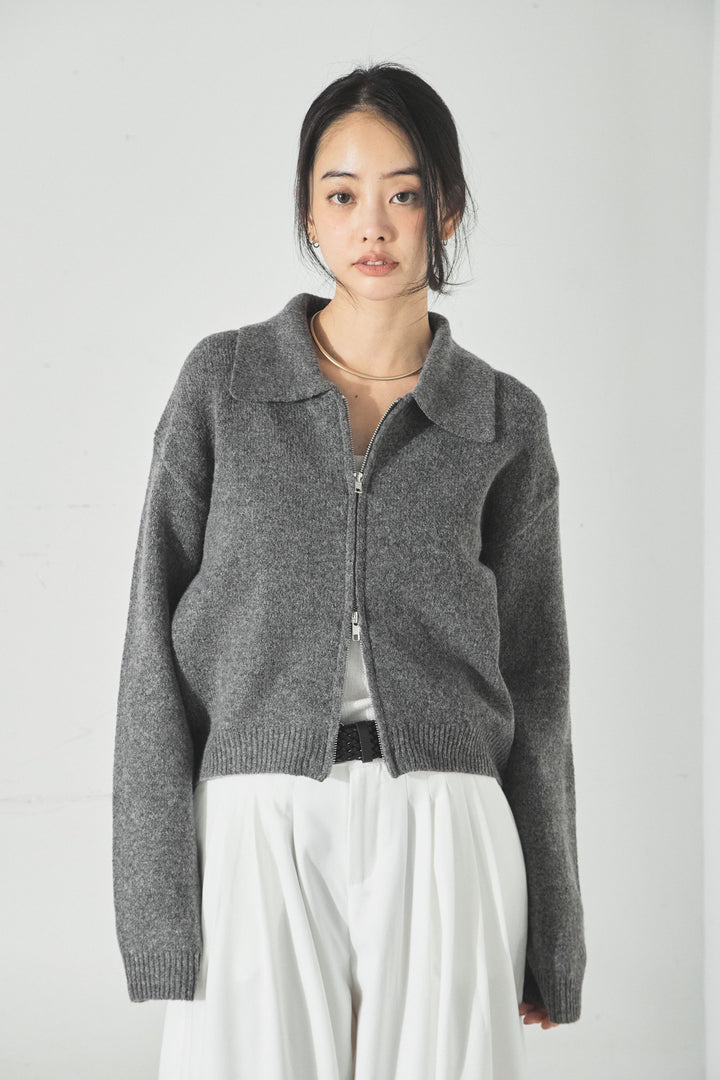 衿付きWジップニットカーディガン/ネイビー