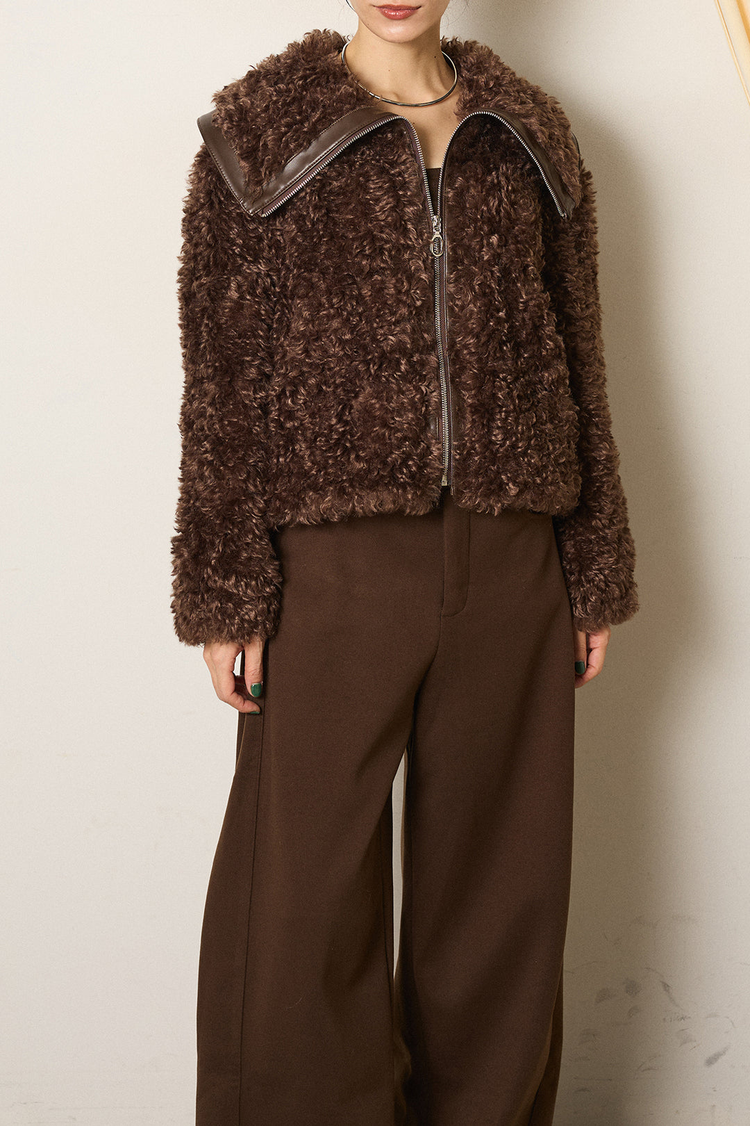 [SET]ビッグカラープードルボアアウター+編みベルト付きワイドパンツ(2set)