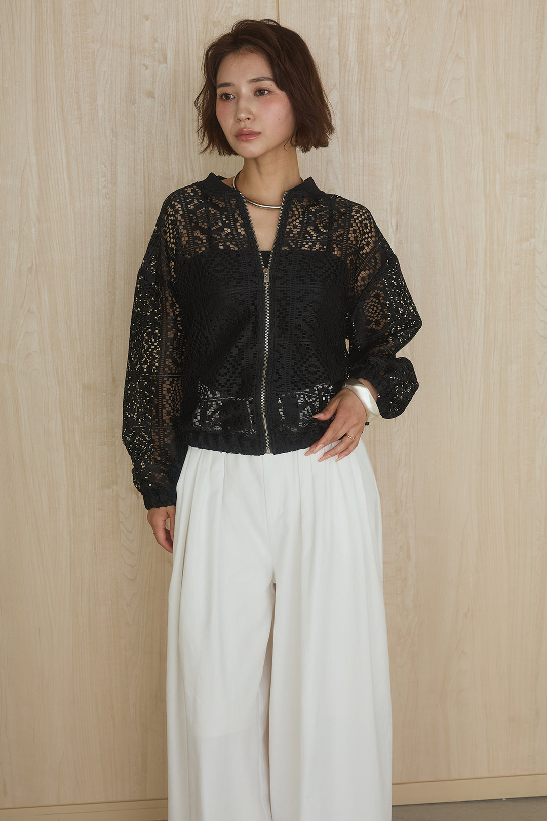 [SET]幾何レースブルゾン+ベルト付きビックループワイドパンツ(2set)