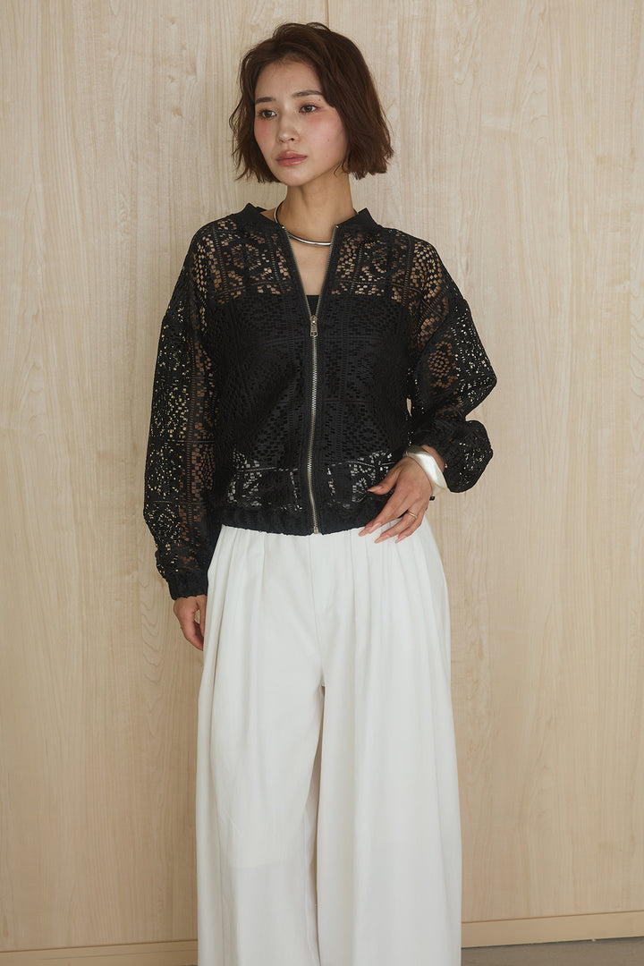 [SET]幾何レースブルゾン+ベルト付きビックループワイドパンツ(2set)