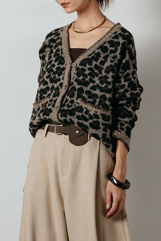 [SET]ステッチデザインレオパードニットカーディガン+リブニットフレアスカート(2set)