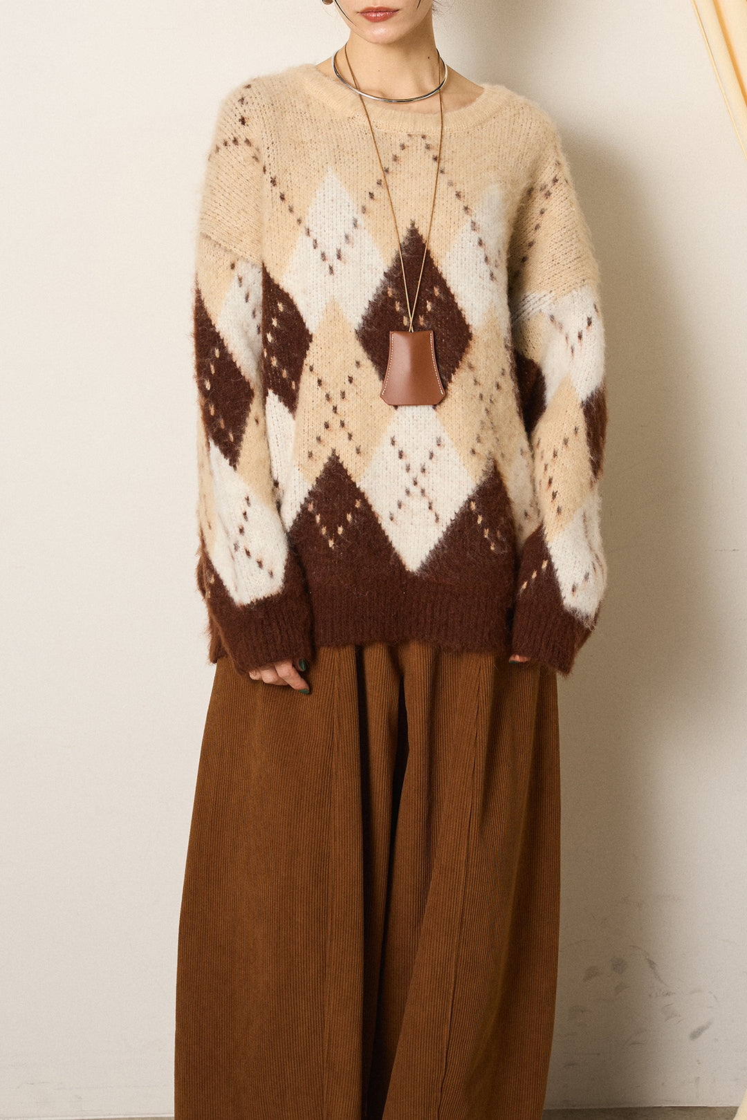 [SET]配色アーガイル柄ニットトップス+編みベルト付きワイドパンツ(2set)