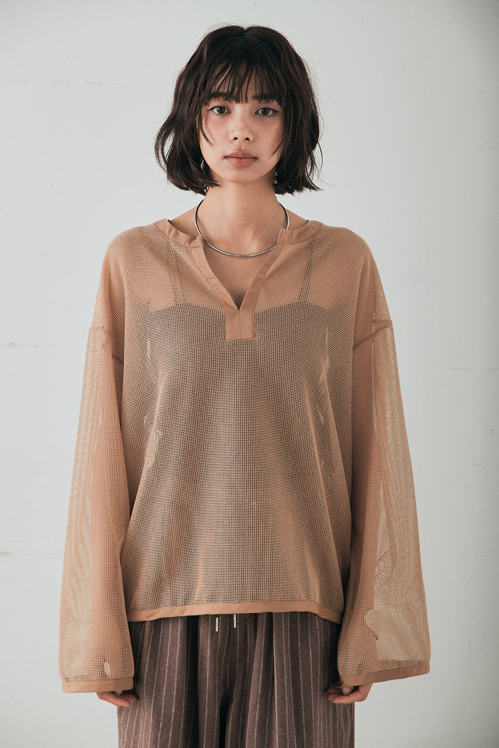 [SET]メッシュカットソースキッパープルオーバー+リネンライクストライプタックイージーパンツ(2set)