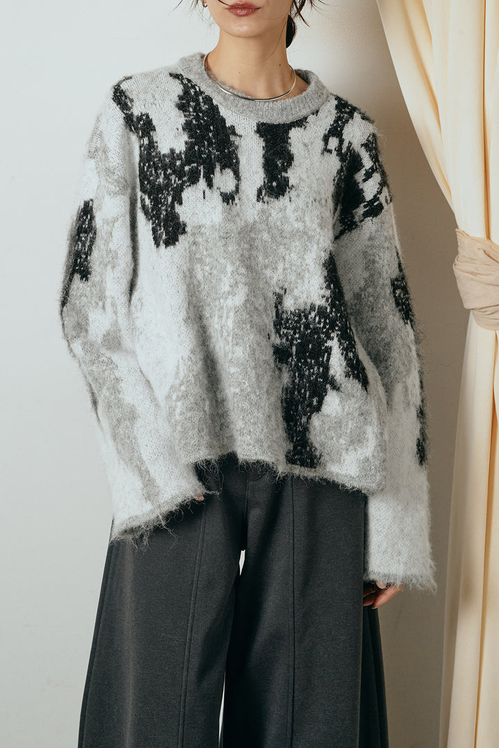 [SET]起毛ニュアンス柄ニットプルオーバー+裏起毛スウェットワイドパンツ(2set)