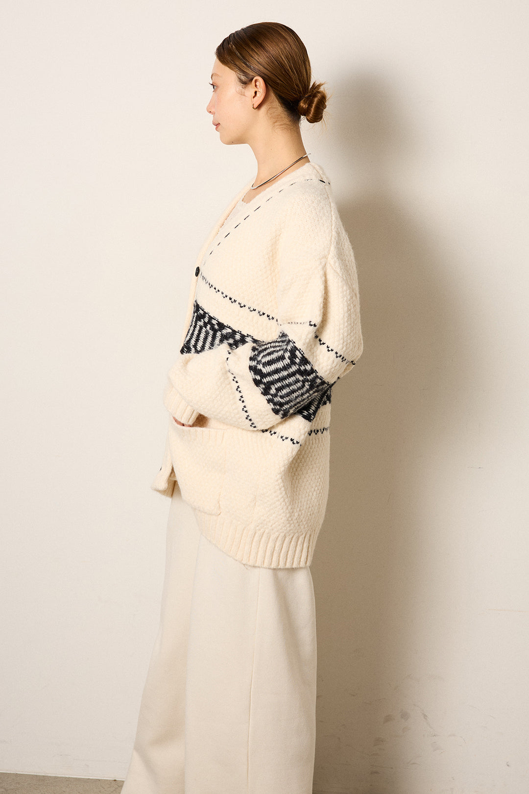 [SET]ライン柄ステッチニットカーディガン+2WAY袖コード刺繍クルーネックプルオーバー+裏起毛スウェットワイドパンツ(3set)