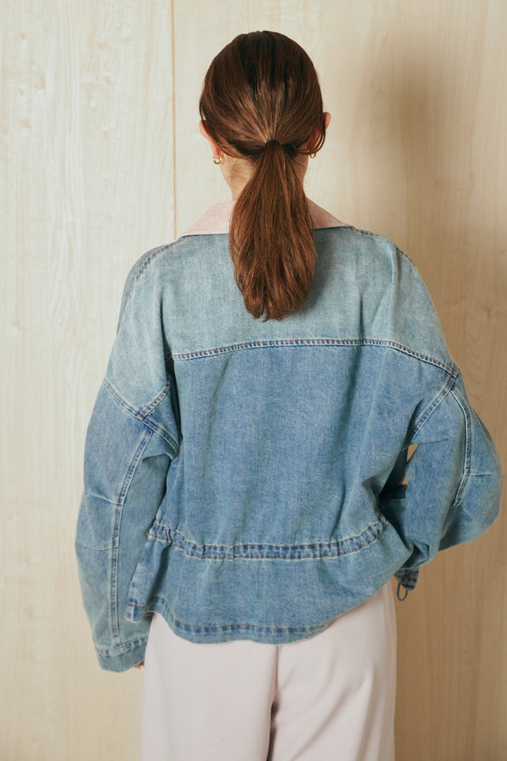 [SET]襟付き配色デニムブルゾン+ビックベルトループタックベルト付きワイドパンツ(2set)