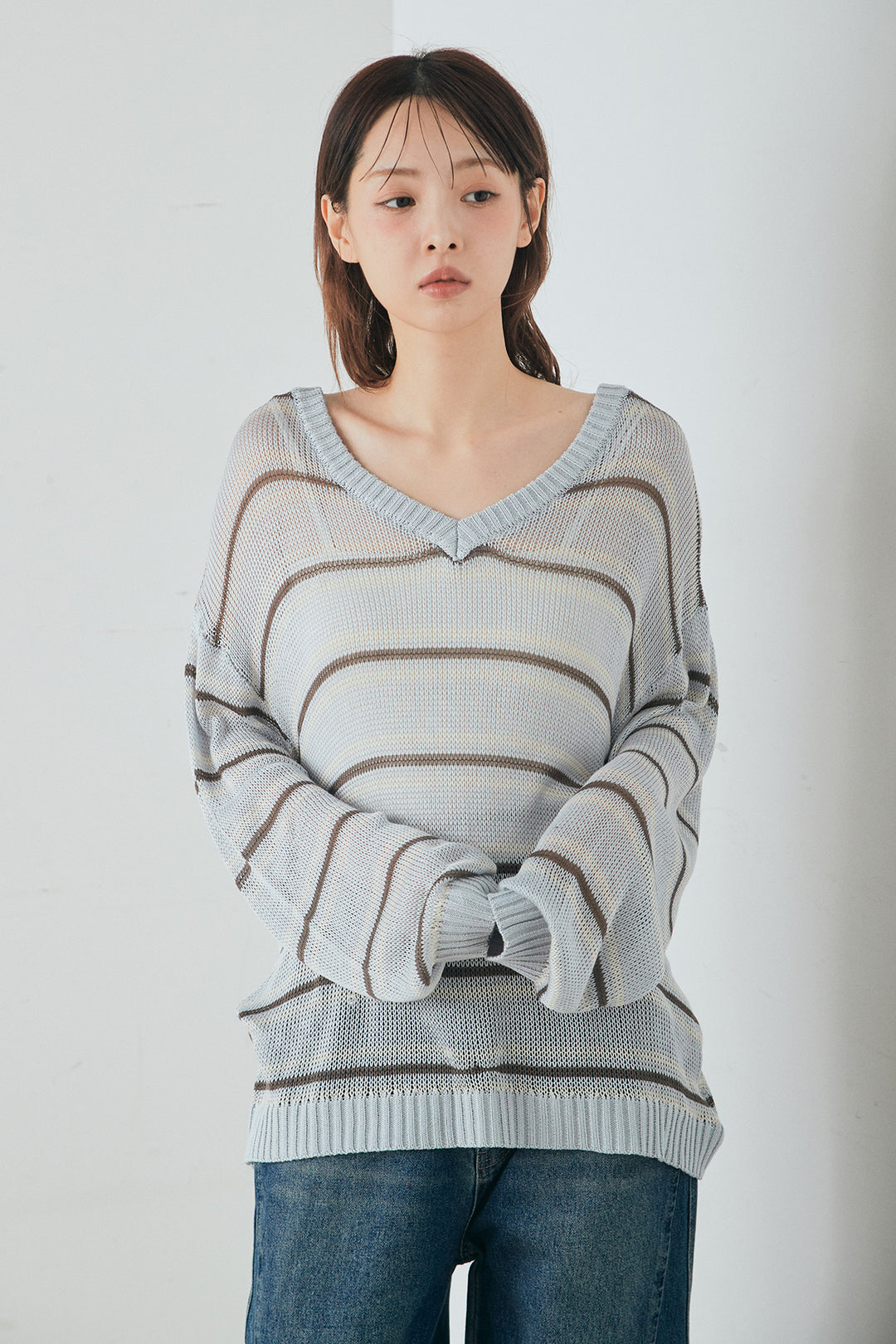 [SET]綿タッチVネックボーダートップス+ウォッシャブルエコレザータックパンツ(2set)