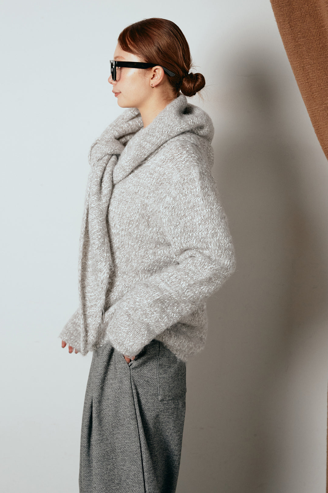 スカーフ付きミックスニットトップス