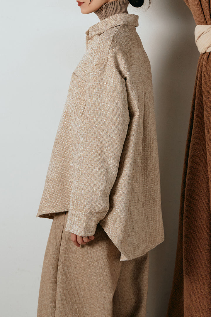 [SET]ルーズクラッシュツイルシャツ+リブニットシームレスタートルプルオーバー+ボーダーリラックスニットパンツ(3set)