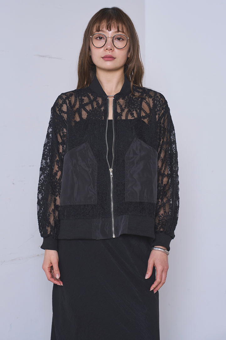 [SET]ノーカラーレースブルゾン+リネンブレンドロングナロースカート(2set)