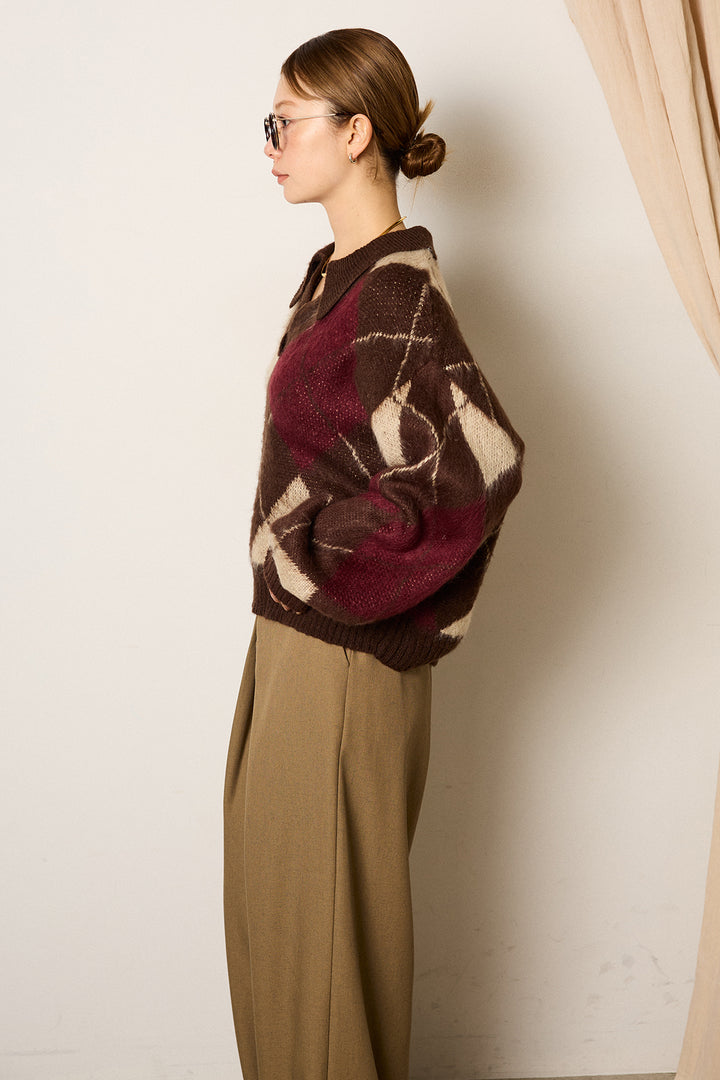 アクリルモヘアアーガイルキーネックプルオーバー