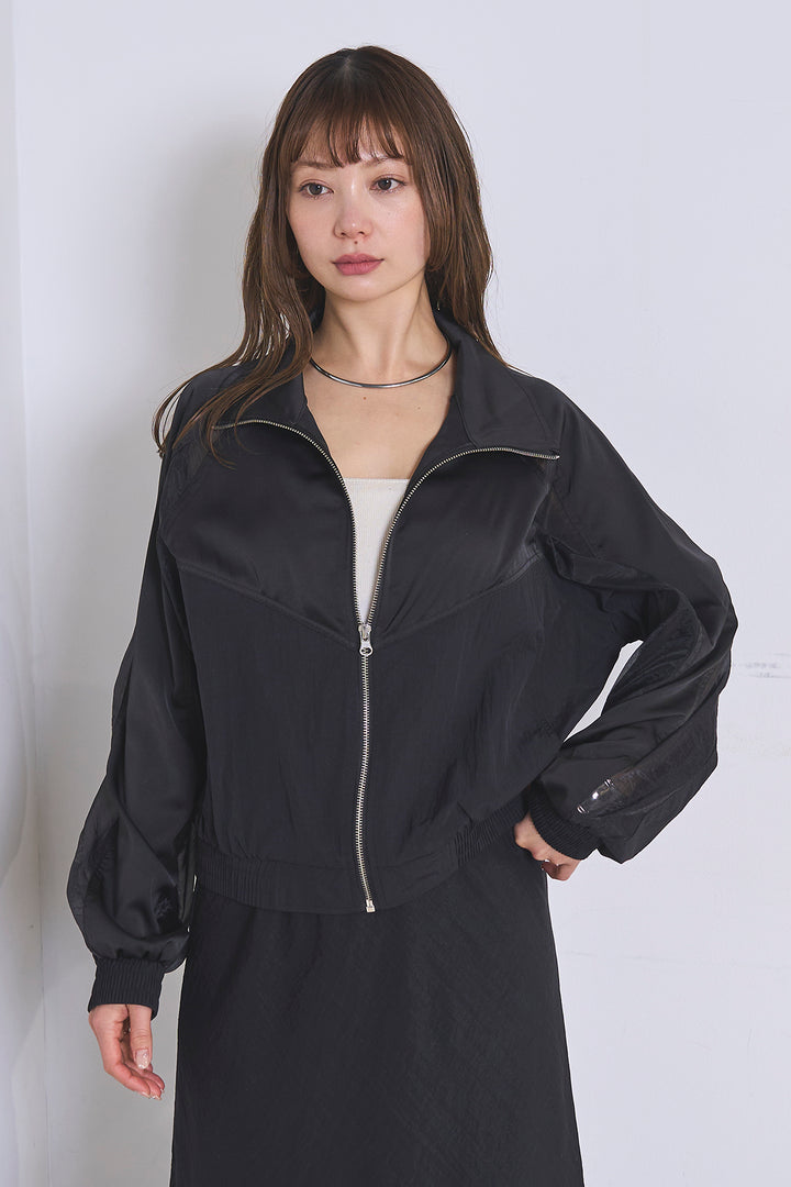 [SET]異素材切替ZIPブルゾン+リネンブレンドロングナロースカート(2set)