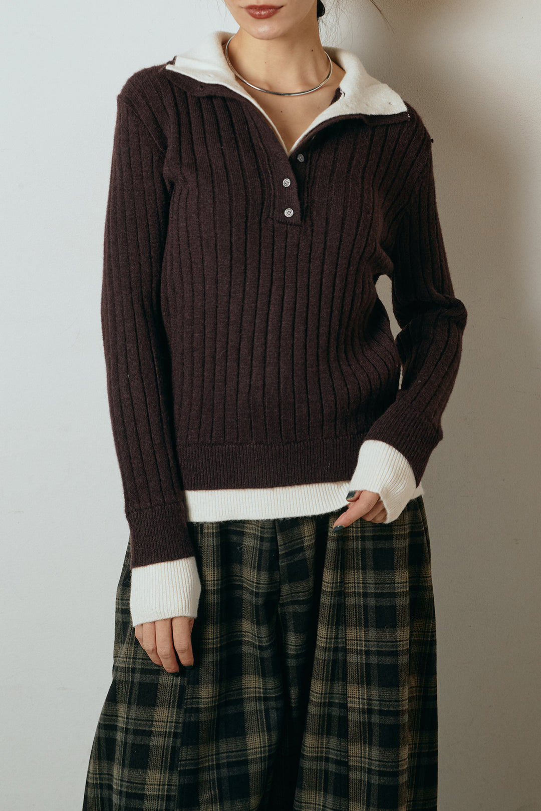 [SET]レイヤード風リブニットトップス+ベルト付きタータンチェックカーブワイドパンツ(2set)