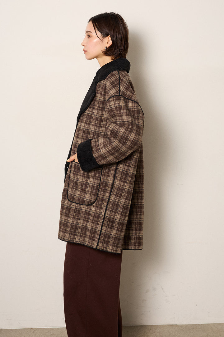 [SET]裏地ボアタータンチェック柄ミディアムコート+裏起毛スウェットワイドパンツ(2set)