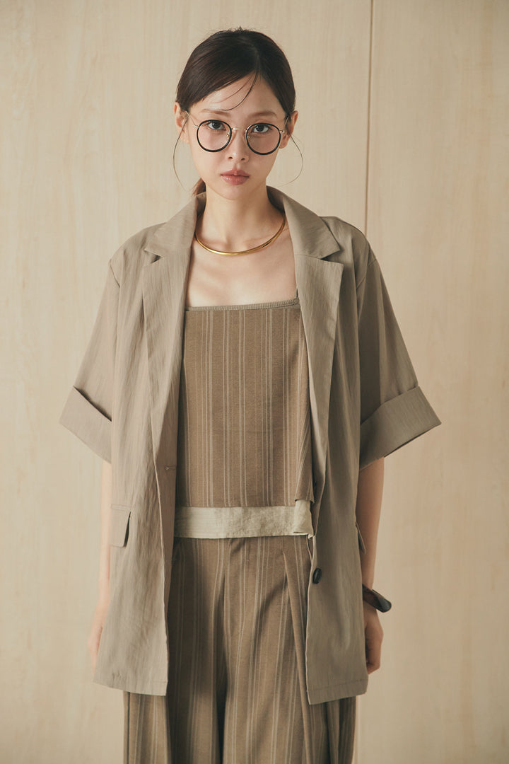 [SET]リネンストライプレイヤードキャミ+リネンストライプタックワイドパンツ(2set)