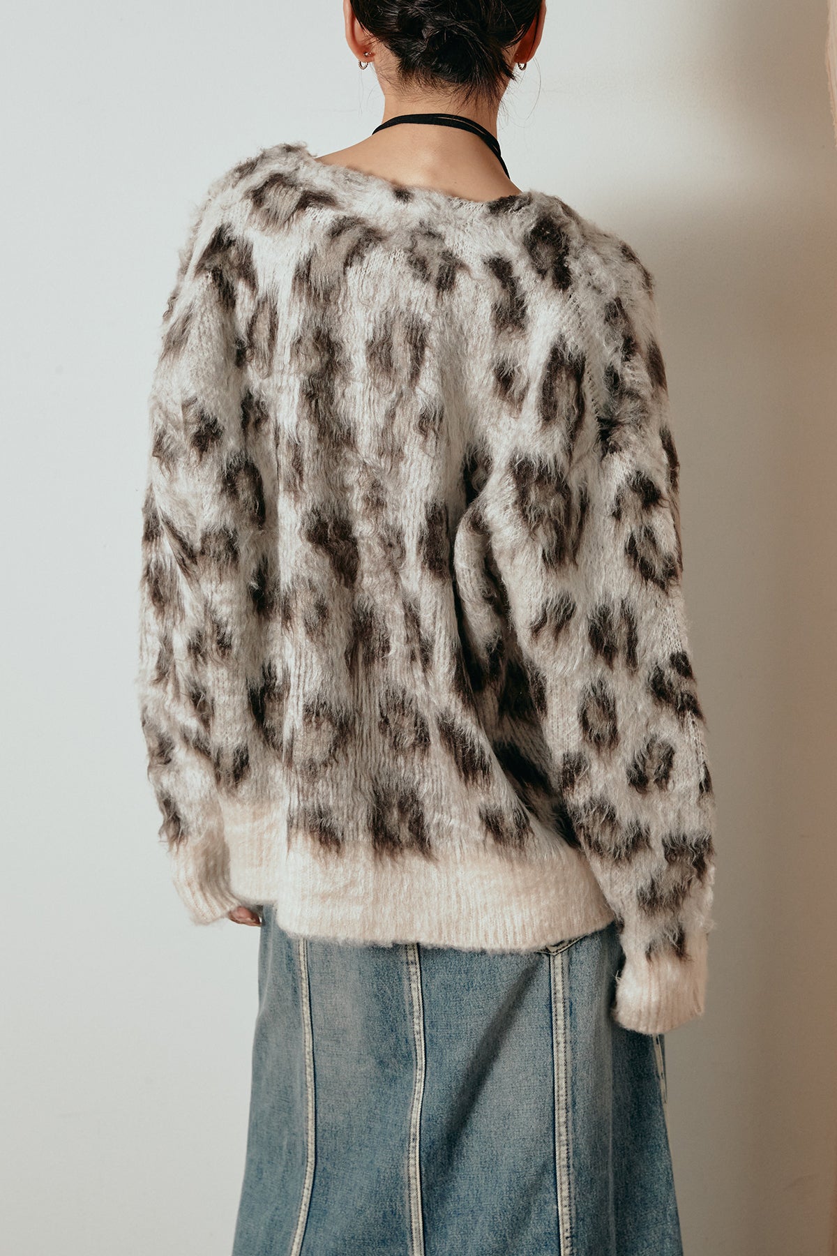 ニットカーディガン 豹柄 ヒョウ柄 レオパード モヘアタッチ L