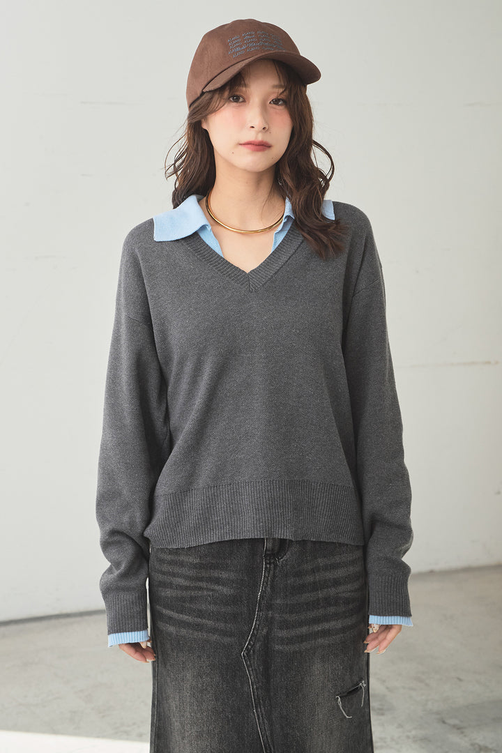 [SET]バイカラーニットレイヤード風プルオーバー+Aラインデニムスカート(2set)